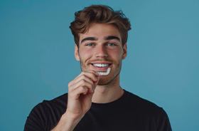 Handsome man holding Invisalign aligner