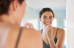 Happy woman brushing her teeth in front of bathroom mirror