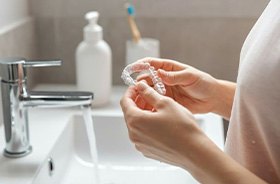 Person cleaning Invisalign aligner in bathroom