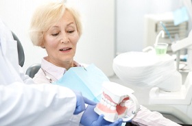 Dentist and patient discussing procedure for implant dentures