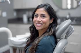 Smiling, beautiful young woman in dental treatment chair