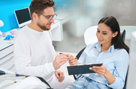Patient preparing to sign paperwork in dental office