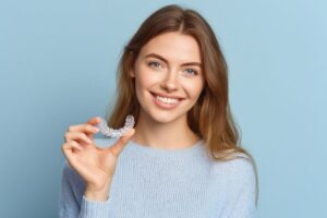 Smiling young woman holding Invisalign aligner