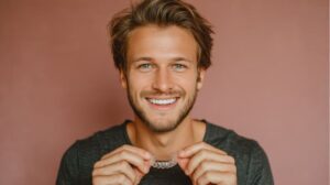 Smiling man holding Invisalign aligner 